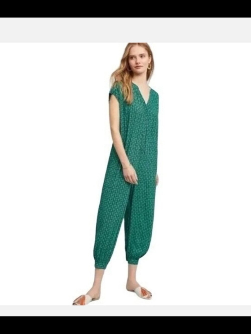 Maeve Teal V-Neck Cap-Sleeve Printed Jumpsuit